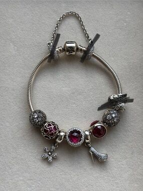 Pandora Silver Bracelet with Red-Pink Crystal Charms